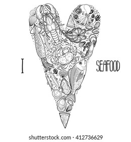 Graphic seafood in the shape of heart. Sea and ocean creatures isolated on white background. Coloring book page design for adults and kids