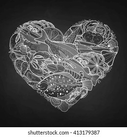 Graphic seafood in the shape of heart. Sea and ocean creatures isolated on chalkboard
