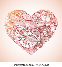 Graphic seafood in the shape of heart. Sea and ocean creatures isolated on white background. Coloring book page design