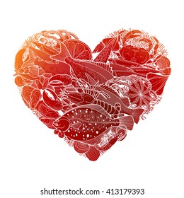 Graphic seafood in the shape of heart. Sea and ocean creatures isolated on white background