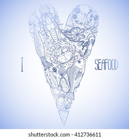 Graphic seafood in the shape of tilda heart. Sea and ocean creatures isolated on white background. Coloring book page design