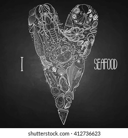 Graphic seafood in the shape of tilda heart. Sea and ocean creatures isolated on chalkboard