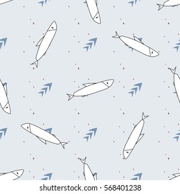 Graphic seamless baby pattern of cute fish with geometrical elements on grey background. Ocean seamless pattern for fabric, wallpaper, wrapping. Background for kids. Children's wallpaper.