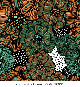 Graphic seamless background with orange and green flowers. hand drawing. Not AI, Illustrat3. Vector illustration
