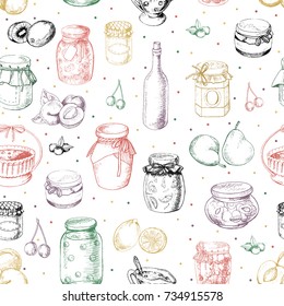 Graphic seamless background pattern with jams and fruit in vector