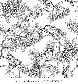 Graphic seamless background with sparrows and berries.
