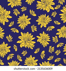 Graphic seamless big yellow lily flower repeating pattern on blue background. Freehand simple yellow lily vector illustration seamless design. 