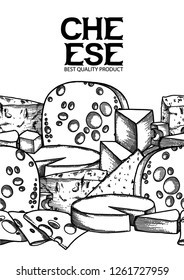Graphic seamless border with different types of cheeses. Vector design isolateds on white background