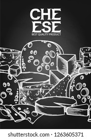 Graphic seamless border with different types of cheeses. Vector design isolateds on the chalkboard background