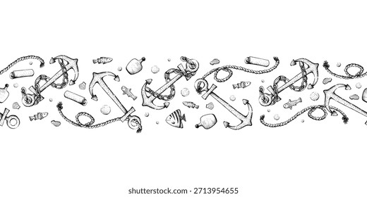 Eine grafische nahtlose Umrandung mit Fischen und Ankern. Schwarz-weiße nautische Illustration für Design und Karten.