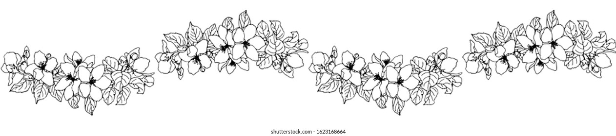 Graphic seamless border pattern of apple flowers. Ink textured Japanese background. Ethnic fabric vector. Bohemian fashion.Floral wallpaper. Print for fabric. Apple blooming vector illustration