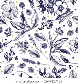 Graphic seamless with botanical sketches. Flowers, buds, fruits, leaves, branches. Vector illustration. Manual graphics. Seamless pattern for decorating various surfaces.