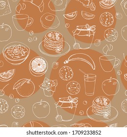 Graphic seamless with breakfast illustrations.  Delicious breakfast food. Graphic product sketches for your print projects. Vector illustration. Suitable for decorating various surfaces.