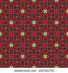 Graphic seamless colorful pattern. Vector in red and gold.
