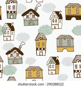 graphic seamless doodle pattern with houses
