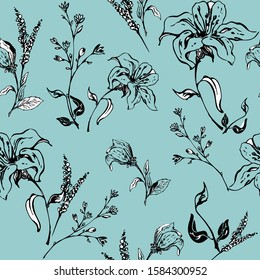 Graphic seamless floral pattern with the image of plants on a blue background. Botanical elements are randomly located. Vector with black contours and silhouettes. For print, textile, fabrics