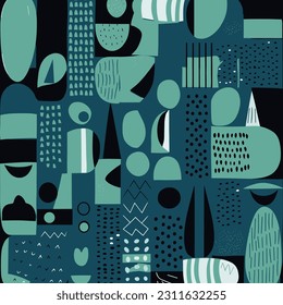 graphic seamless, geometric shapes in mint, blue and white, in the style of dark navy and light green, whimsical doodles, color-blocked shapes, abstraction-création, playful streamlined forms