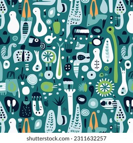 graphic seamless, geometric shapes in mint, blue and white, in the style of dark navy and light green, whimsical doodles, color-blocked shapes, abstraction-création, playful streamlined forms