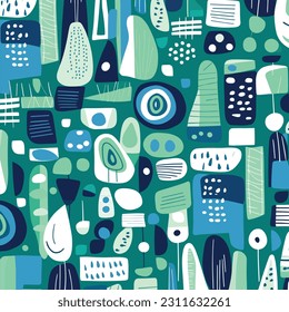 graphic seamless, geometric shapes in mint, blue and white, in the style of dark navy and light green, whimsical doodles, color-blocked shapes, abstraction-création, playful streamlined forms