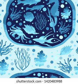 Graphic seamless of marine images.  Manual graphics. Sea animals, corals and algae. Watercolor background. Vector illustration.  Seamless ornament for decorating various surfaces. Watercolor elements.