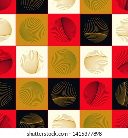 graphic seamless pattern with abstract round feathers in gold red shades