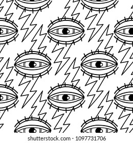 Graphic seamless pattern of all seeing eye pierced by the lightning. Vector tattoo design in old school style. Coloring book page for adults and kids