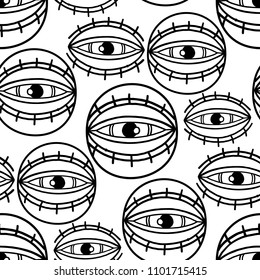 Graphic seamless pattern of all seeing eyes. Vector tattoo design in old school style. Coloring book page for adults and kids