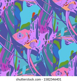 Graphic seamless pattern of angelfishes drawn in line art stile in vivid colors