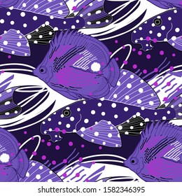 Graphic seamless pattern of aquarium fishes drawn in line art stile in vivid colors