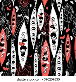 Graphic seamless pattern of bean seeds and flowers on a black background