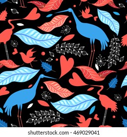 Graphic seamless pattern with birds and autumn leaves on a dark background