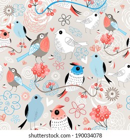 Graphic seamless pattern with birds in love on a floral background  