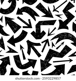 Graphic seamless pattern with bold geometric arrows. Crayon drawn arrows seamless pattern. Hand drawn vector direction pointers. Graffiti style doodle wrapping paper. Grunge retro design.