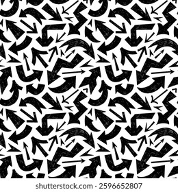 Graphic seamless pattern with bold geometric arrows. Crayon drawn arrows seamless pattern. Hand drawn vector direction pointers. Graffiti style doodle wrapping paper. Grunge retro design.