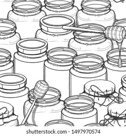 Graphic seamless pattern of bottles with different varieties of honey. Vector repeated  design