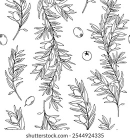 Padrão sem emenda gráfico com ramos de azeitonas em um fundo branco. Ilustração gráfica vetorial desenhada à mão. Line art. Pode ser usado para têxteis, papel de parede impressões e embalagem.