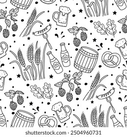 Graphic seamless pattern with brewing ingredients.Glasses with foaming beer, hops, barley, barrel, oak leaves, bottles.Outlines design elements in black on white background.Vector doodle  illustration