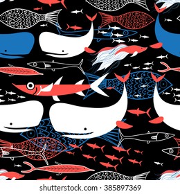 Graphic seamless pattern of bright fish on a black background