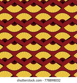 graphic seamless pattern bright yellow open fan on red background