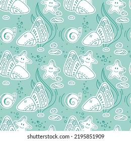 Graphic seamless pattern with cartoon underwater animals and rocks. Starfish, rock, snail, bubbles, water plant. Marine background. Underwater life. Good for textiles, wrapping paper, wallpaper.