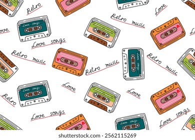 Graphic seamless pattern with cassette tape and hand written Love song,Retro music.Partially colored elements on a white background.Vector design for textile,wrapping paper,endless wallpaper,cover.