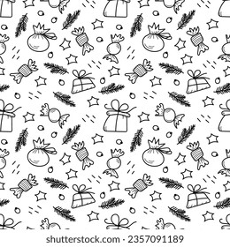 Graphic Seamless pattern  with Christmas trees  branches, gifts and sweets on a white background.Texture for wrapping paper, wallpaper, fabrics, decor. Doodle vector.
