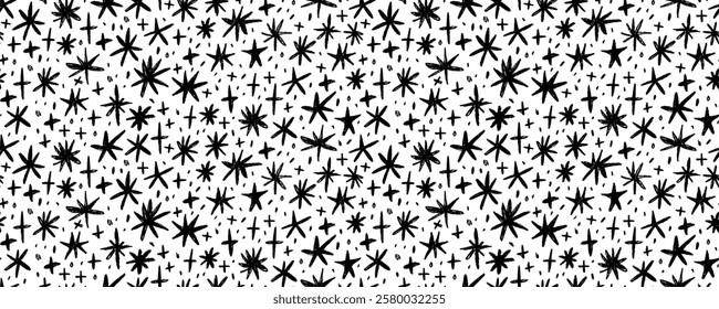 Graphic seamless pattern with crayon drawn stars, sparks and sparkles. Hand drawn childish background for wrapping paper. Childish seamless pattern with cute funky elements. Cute creative backdrop.