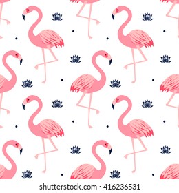 Graphic seamless pattern with cute flamingos and lotus in vector. Bright illustration of nature, animal planet, exotic birds, wildlife, water lilies in pattern. Vector seamless pattern with flamingos