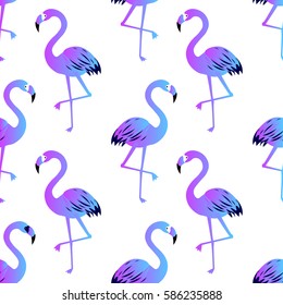 Graphic seamless pattern with cute flamingos in vector. Bright illustration of nature, animal planet wildlife exotic birds,  in pattern