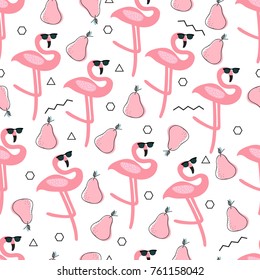 Graphic seamless pattern with cute flamingos and pear in vector. Bright illustration of nature, animal planet, exotic birds, wildlife. Vector seamless pattern with flamingos