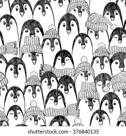 Graphic seamless pattern with cute hand drawn penguins in hats and scarfs. Black and white penguin background.