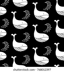 Graphic seamless pattern with decorative whales. Vector childish background, cute ocean