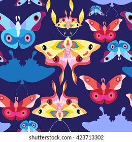Graphic seamless pattern different colored beautiful butterflies