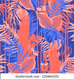 Graphic seamless pattern of exotic leaves and trees. Vector tropical design